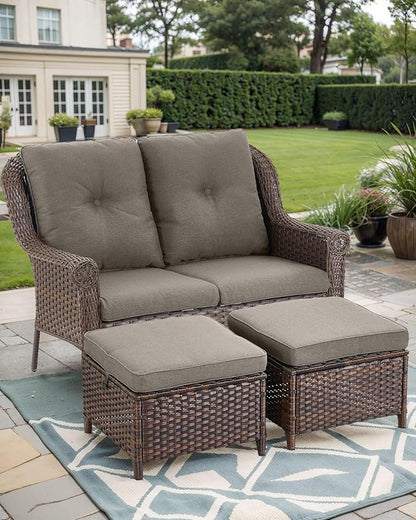 Patio Loveseat Outdoor Wicker Sofa - Heavy Duty All-Weather Brown Rattan 2-Person Sofas with High Back and Comfortable Thick Cushions for Garden Back Porch Poolside Apartment - Grey