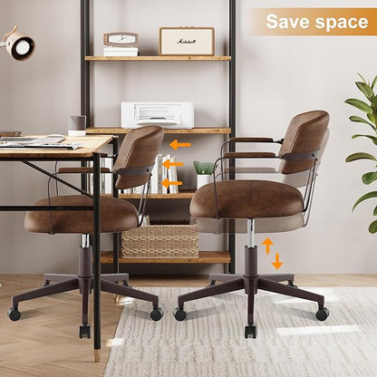 Home Office Desk Chair, Mid-Century Style Desk Chair with Padded Arms, Adjustable Seat Height, Mid Back 360° Small Computer Chair with Mobile Mute Wheel, PU Leather (Brown)