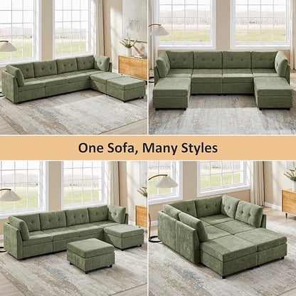 VANOMi 4 Seat Cloud Couches for Living Room with 2 Ottomans, 118" Modular Sectional Sofas & Couches, Comfy Chenille Cloud Sectional Couch Sofa for Apartment, Office, Olive Green, U Shaped