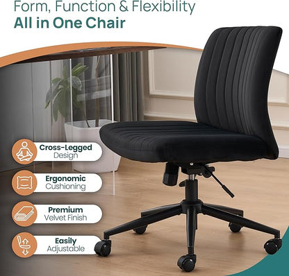 NYPOT Armless Desk Chair with Wheels for Criss Cross Sitting - Cross Legged Wide Armless Chair - Adjustable Vanity 360° Swivel Stool and 120° Rocking Wide Seat Comfy for Home and Office, Black Velvet