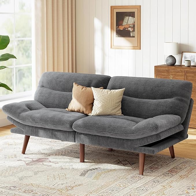 Marsail 75" Futon Sofa Bed, Futon Couch with Adjustable Backrest & Armrests, Convertible Sleeper Sofa Bed for Apartment, Living Room, Office, Corduroy Loveseat, Dark Grey