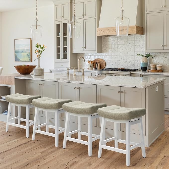 Counter Height Bar Stool Kitchen Counter Modern Backless Barstool with Upholstered Faux Leather Seat and Solid Wood Leg Farmhouse 24 inch Bar Chair, Light Grey + White, 1pc