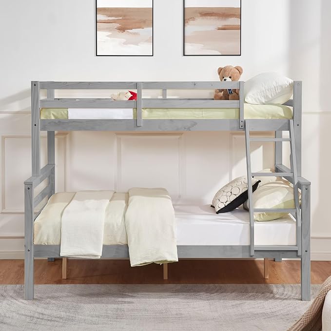 Softa Twin Over Full Bunk Bed with Thick Posts,Wooden Bunk Bed with High Guardrail and Ladder for Kids, Teens, Dorm Rooms, and Guest Rooms,No Box Spring Needed,Grey