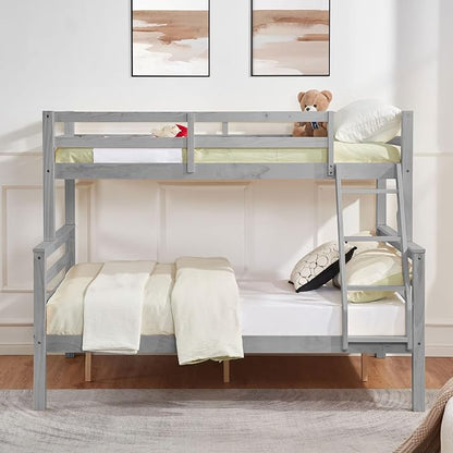 Softa Twin Over Full Bunk Bed with Thick Posts,Wooden Bunk Bed with High Guardrail and Ladder for Kids, Teens, Dorm Rooms, and Guest Rooms,No Box Spring Needed,Grey