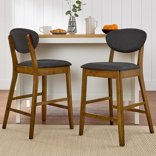 Best Choice Products Bar Stool Set of 2, Mid-Century Modern Upholstered Wood, Armless Counter Height w/Seat Cushion, Backrest - Walnut/Charcoal