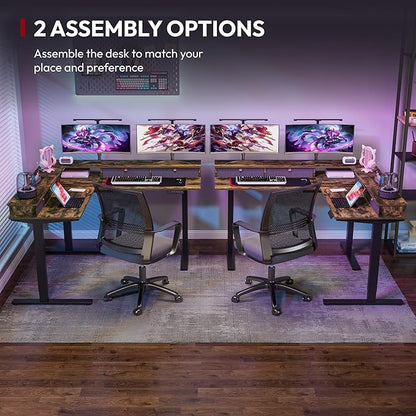 SANODESK 63" L Shaped Standing Desk with 4 Drawers, Height Adjustable Stand up Desk, Corner Gaming Desk with Monitor Stand, Black Frame/Rustic Brown Top