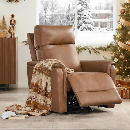 Watson & Whitely Genuine Leather Power Recliner Chairs W Power Headrest for Adults, Swivel Glider Recliner Chair W Charging Ports for Living Room, Saddle