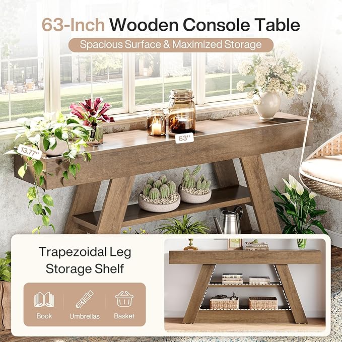 Tribesigns 63-Inch Wooden Console Table with Storage Shelves, Rustic Long Entryway Sofa Table Behind Couch for Living Room, Entrance, Hallway, Foyer