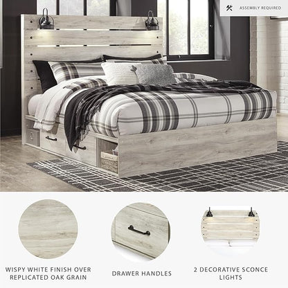 Signature Design by Ashley Cambeck Farmhouse King Panel Platform Bed with 4 Storage Drawers, Cubbies, Sconce Lights and USB Ports, Foundation or Box Spring Not Needed, Whitewash