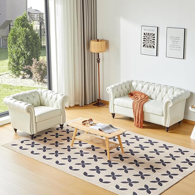 Living Room Chair, Modern Leather Chesterfield Sofa Chair, Mid Century Single Sofa Couch Chair with Tufted Back and Rolled Arms, Accent Sofa Chair for Living Room Apartment, White