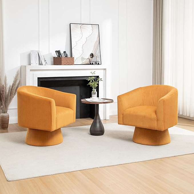 Swivel Accent Chair Set of 2, Modern 360° Swivel Barrel Chair, Corduroy Upholstered Single Sofa for Living Room, Bedroom(Mustard)