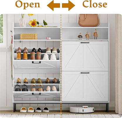 Shoe Cabinet Storage for Entryway, Shoe Storage Cabinet with 4 Flip Drawers, Freestanding Narrow Shoe Rack Organizer with Metal Legs, Adjustable Shelves & Open Storage for Foyer, Hallway, White