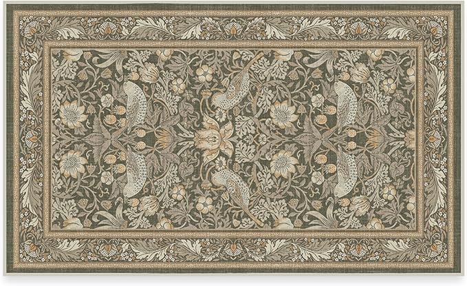 RUGGABLE x Morris & Co Washable Area Rug– Strawberry Thief Stone Gold 3x5, Stain-Resistant, Non-Slip–Small Machine Washable Rugs for Living Room, Bedroom, Hallway, Entryway & Office–with Standard Pad