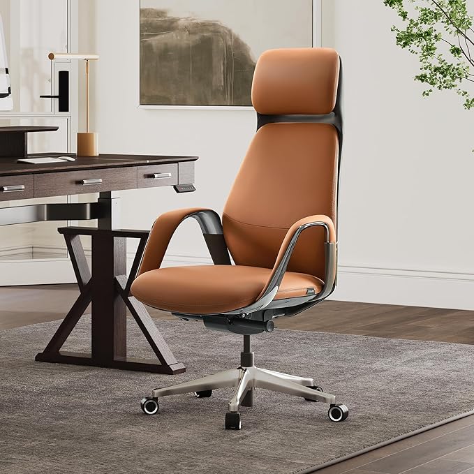 EUREKA ERGONOMIC Serene Executive Office Chair Genuine Leather Office Chair, Modern Executive Chair 135° Back Support Comfy Desk Chair with Arms & Aluminum Base for Home-Brown