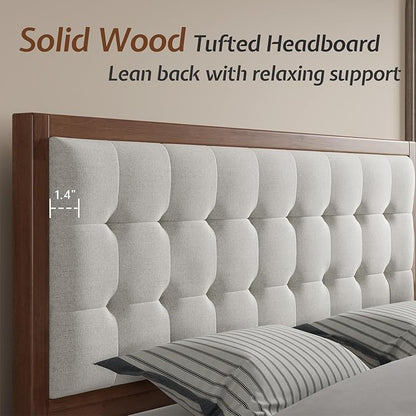 Jocisland Wood King Size Bed Frame,Tall Upholstered Tufted Headboard, Solid Wood Platform, No Box Spring Needed, Walnut