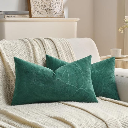 FUTEI Christmas Dark Green Velvet Throw Pillow Covers 12x20 Inch Set of 2,Soft Embossed Leaf-Relief Textured Lumbar Pillow Cases,Natural Home Decor for Couch Living Room