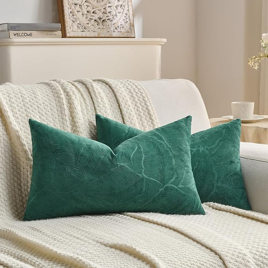 FUTEI Christmas Dark Green Velvet Throw Pillow Covers 12x20 Inch Set of 2,Soft Embossed Leaf-Relief Textured Lumbar Pillow Cases,Natural Home Decor for Couch Living Room