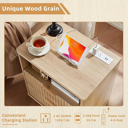 LEYAOYAO Fluted Nightstand with Charging Station, 23" Modern Night Stand with Woodgrain Top, 2 Drawers End Table w/Storage, Bedside Tables for Bedroom, Living Room, Curved Profile Design,Wood