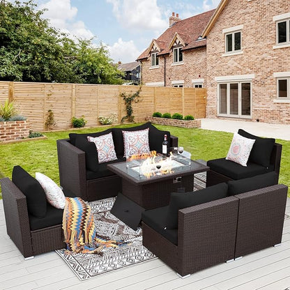 NICESOUL 7 Piece Outdoor Patio Furniture Set with Fire Pit Table Natural Gas/Propane, Tall Wide Deep Sectional Couch Sofa for Outside, 29.3'' High Back Backyard Sitting, Brown Rattan and Black Cushion