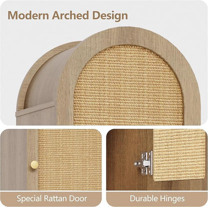 70" Tall Bathroom Storage Cabinet with Rattan Door，Narrow Storage Cabinet with Drawer Adjustable Shelves, Modern Arched Design Bathroom Cabinet for Bathroom, Living Room, Kitchen, Natural
