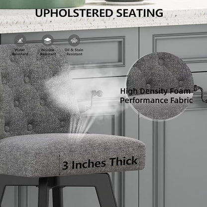 MINCETA Bar Stools Set of 2, 26 Inch Upholstered Barstools with Low Tufted Back and Footrest, Swivel Counter Height Barstools for Kitchen Island Home Bar Performance Fabric Gray