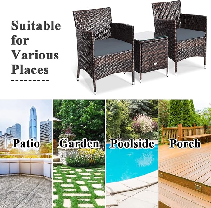 COSTWAY 3 PCS Patio Furniture Set, Outdoor Wicker Conversation Set with Tempered Glass Coffee Table, Seat Cushions, Rattan Wicker Chairs for Poolside Balcony Porch Backyard, Gray