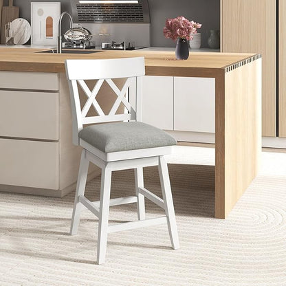 COSTWAY Bar Stool Set of 2 for Kitchen Island, 26" Counter Height Chair with Ergonomic Backrest, Foot Rest, Padded Seat & Solid Wood Structure, 360°Swivel Farmhouse Barstool with Back