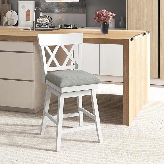 COSTWAY Bar Stool for Kitchen Island, 26" Counter Height Chair with Ergonomic Backrest, Foot Rest, Padded Seat & Solid Wood Structure, 360°Swivel Farmhouse Barstool with Back