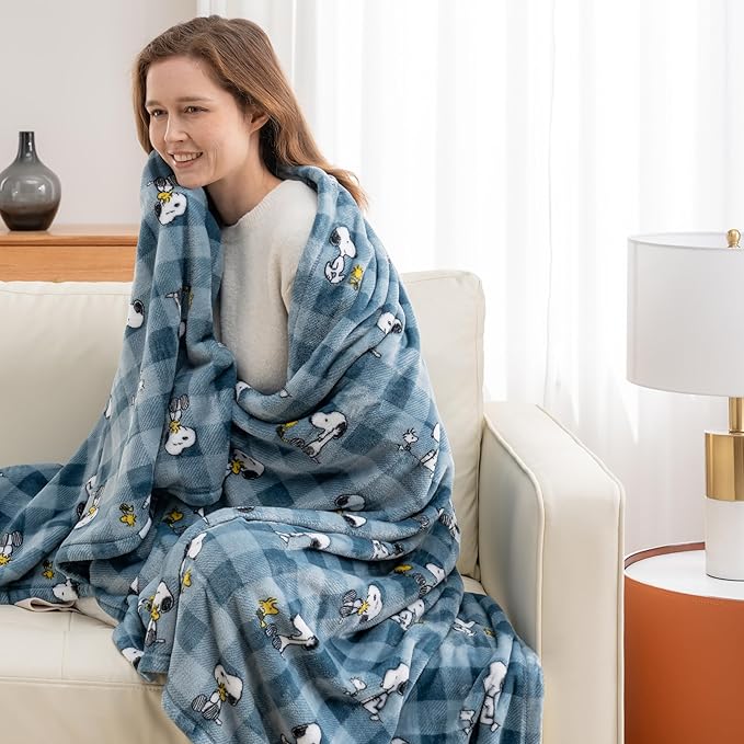 Berkshire Blanket Peanuts® VelvetLoft® Cute Character Snoopy Plush Throw Blanket,Peanuts Snoopy Everyday Buffalo Plaid Navy Tonal,Throw 55 in x 70 in (Official Peanuts® Product)