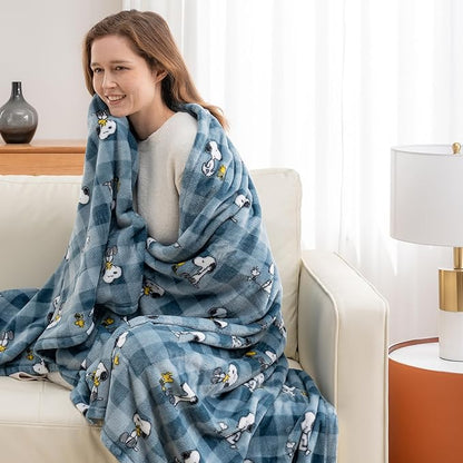 Berkshire Blanket Peanuts® VelvetLoft® Cute Character Snoopy Plush Throw Blanket,Peanuts Snoopy Everyday Buffalo Plaid Navy Tonal,Throw 55 in x 70 in (Official Peanuts® Product)