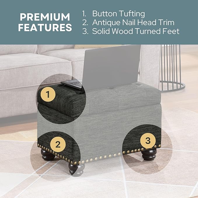 Convenience Concepts Designs4Comfort 5th Avenue Upholstered Storage Ottoman 24" - Contemporary Foot Stool and Seat with Hinged Lid for Living Room, Dining Room, Office, Den, Dark Charcoal Gray Fabric