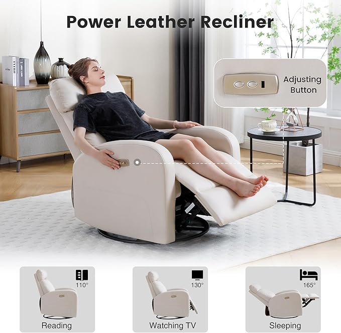Power Swivel Rocker Recliner, Faux Leather Rocking Recliner Chair with USB Port, Swivel Glider Reclining Chair Nursery Recliners for Living Room, Beige