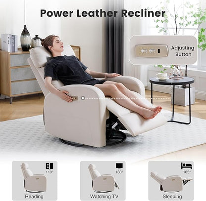 Power Swivel Rocker Recliner, Faux Leather Rocking Recliner Chair with USB Port, Swivel Glider Reclining Chair Nursery Recliners for Living Room, Beige