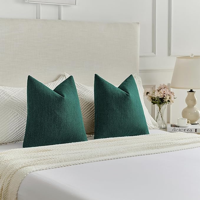 FUTEI Teal Chenille Decorative Throw Pillow Covers 22x22 Inch Set of 2,Soft Cozy Faux Linen Textured Cushion Case,Farmhouse Home Decor for Couch Living Room