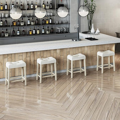 COSTWAY Wooden Saddle Stools Set of 4, 24-inch Counter Height Upholstered Backless Bar Stools with Solid Rubber Wood Legs, Padded Seat, Farmhouse Dining Chairs for Kitchen Island, Cafe, Beige