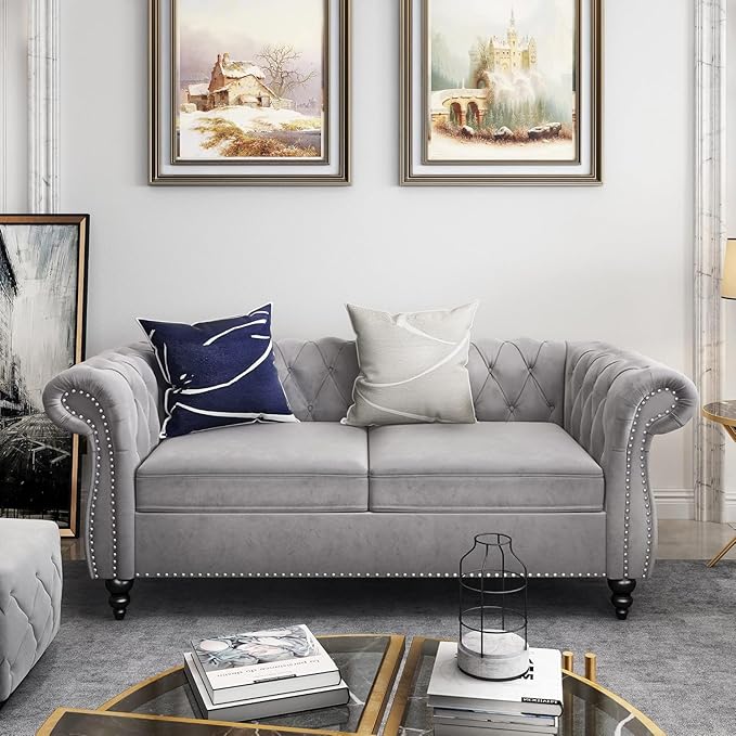 Chesterfield Loveseat Sofa, Modern Velvet Small Sofa Couch 2 Seater with Rolled Arms and Nailhead, Mid Century Modern Loveseat Couch for Small Spaces Living Room Bedroom Apartment, Grey