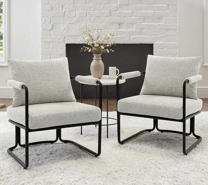 Accent Chairs Set of 2 for Living Room, Mid Century Modern Upholstered Reading Armchairs for Bedroom, Office, with Comfy Chenille Cushion & Metal Frame, Light Grey