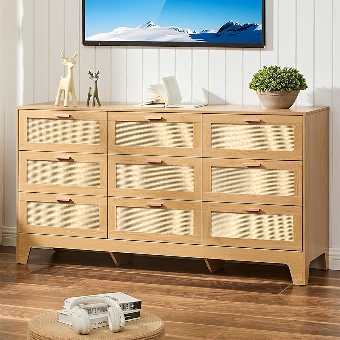 Natural Rattan 9-Drawer Dresser | Modern Bohemian Storage Chest – Includes Anti-Tip Wall Straps & Metal Slides | Versatile Furniture for Bedroom or Living Room