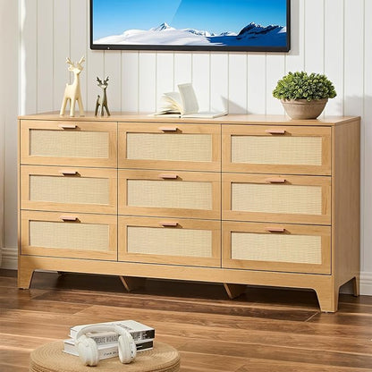 Natural Rattan 9-Drawer Dresser | Modern Bohemian Storage Chest – Includes Anti-Tip Wall Straps & Metal Slides | Versatile Furniture for Bedroom or Living Room