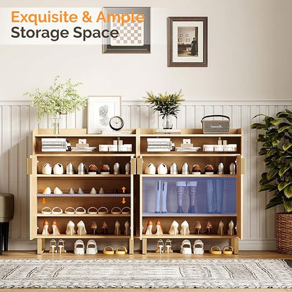 VINGLI Fluted Shoe Cabinet with Drawer and Doors, Wooden Entryway Shoe Storage Cabinet with Adjustable Shelves, Modern Tall Shoe Organizer with Gold Metal Legs for Hallway, Living Room, Bedroom, (Oak)
