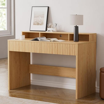 47" Executive Desk with Fluted Drawer, Modern Home Office Desk with Long Monitor Stand and 2 Drawers, Computer Writing Desk for Study Office Vanity, Nautral Oak