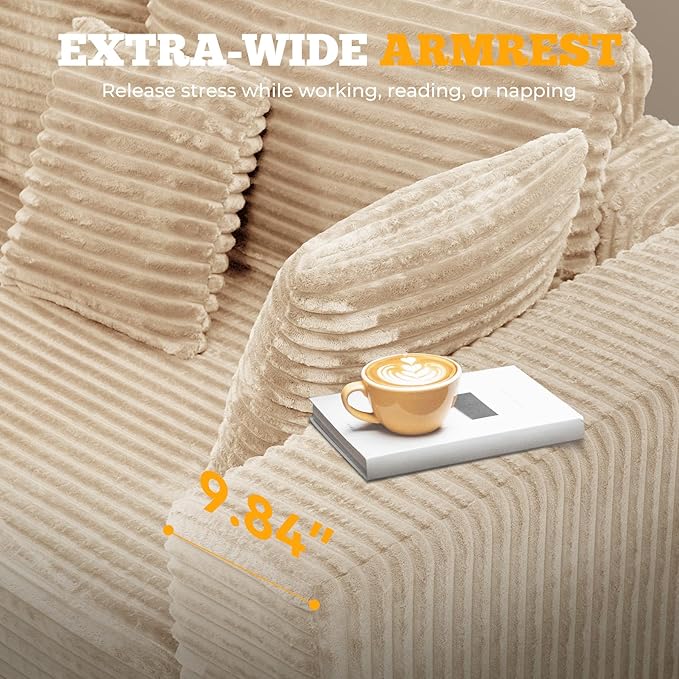 113" Modular Sectional Sofa, Convertible U-Shaped Cloud Couches for Living Room with Ottoman, 5 Seater Corduroy Boneless Couch Sofa Set, No Assembly Required, Khaki 1 PCS