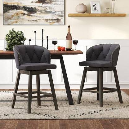 COSTWAY Counter Height Bar Stools Set of 4, Fabric Upholstered Island Stools with 360° Swivel Seat & Button-Tufted Back, Modern Pub Stools with Solid Rubber Wood Frame (Grey,4)
