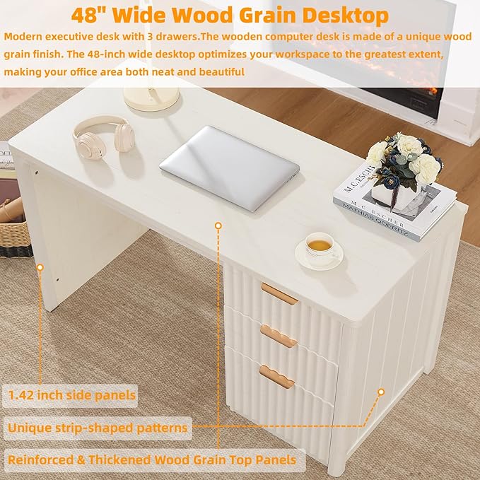 48" Modern Fluted Executive Desk with Storage Cabinet, White Wood Home Office Desk with File Drawer & Metal Handles, Large Computer Writing Table for Office,Study, Living Room, Bedroom