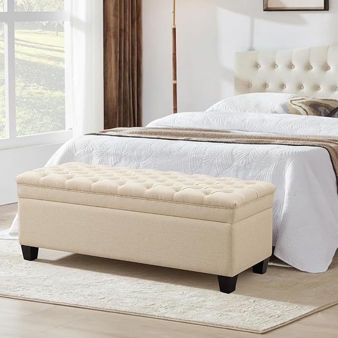 50" Storage Ottoman Bench, Rectangular End of Bed Storage Bench, Upholstered Large Fabric Tufted Ottoman with Storage for Living Room, Bedroom, Entryway,Khaki