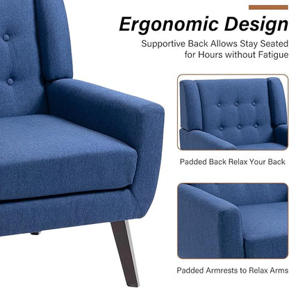 Accent Chairs Set of 2, Modern Fabric Armchairs for Living Room, Comfy Upholstered Arm Chairs Tufted for Indoor Bedroom Office Room (Blue)