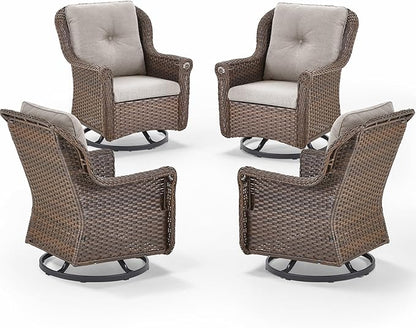 Patio Chairs Outdoor Swivel Glider - Set of 4 High Back Outside Brown Wicker Rattan Rocking Chair with Thick Cushion for Porch Apartment Deck Yard Poolside Garden - Beige