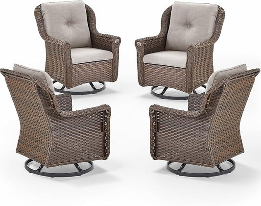 Patio Chairs Outdoor Swivel Glider - Set of 4 High Back Outside Brown Wicker Rattan Rocking Chair with Thick Cushion for Porch Apartment Deck Yard Poolside Garden - Beige