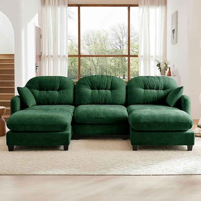 107" U Shaped Couch for Living Room, Comfy Chenille Fabric Cloud Sectional Couch, Modern Upholstered Deep Seat Sofa with Pillow and 2 Movable Ottoman, Oversized 3 Seater Sectional Sofa, Green
