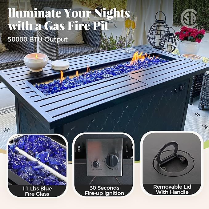 Patio Furniture Set, 6 Pcs Metal Outdoor Conversation Set, 2 Swivel Chairs, 2 Ottomans and 3 Seater Sofa with 5.75" Extra Thick Cushion and Gas Fire Pit Table, Beige